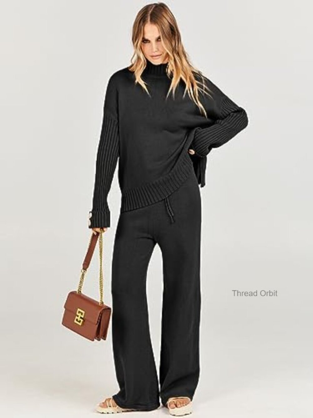 Soft Knit Sweater Set Turtleneck Top Wide Leg Pants Lounge Outfit - Picture 6 of 7